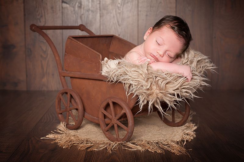 Newborn Fotografie Düsseldorf: Fotografie eines Säuglings, der schlafend in einem Kinderwagen sitzt und dabei sein Köpchen auf Fell lehnt.
